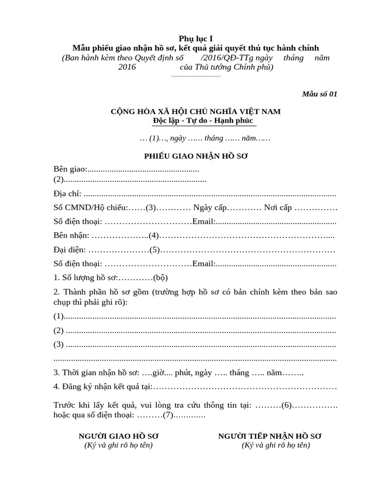 Phu Luc I-Mau Phieu Giao Nhan So 1, 2 | PDF