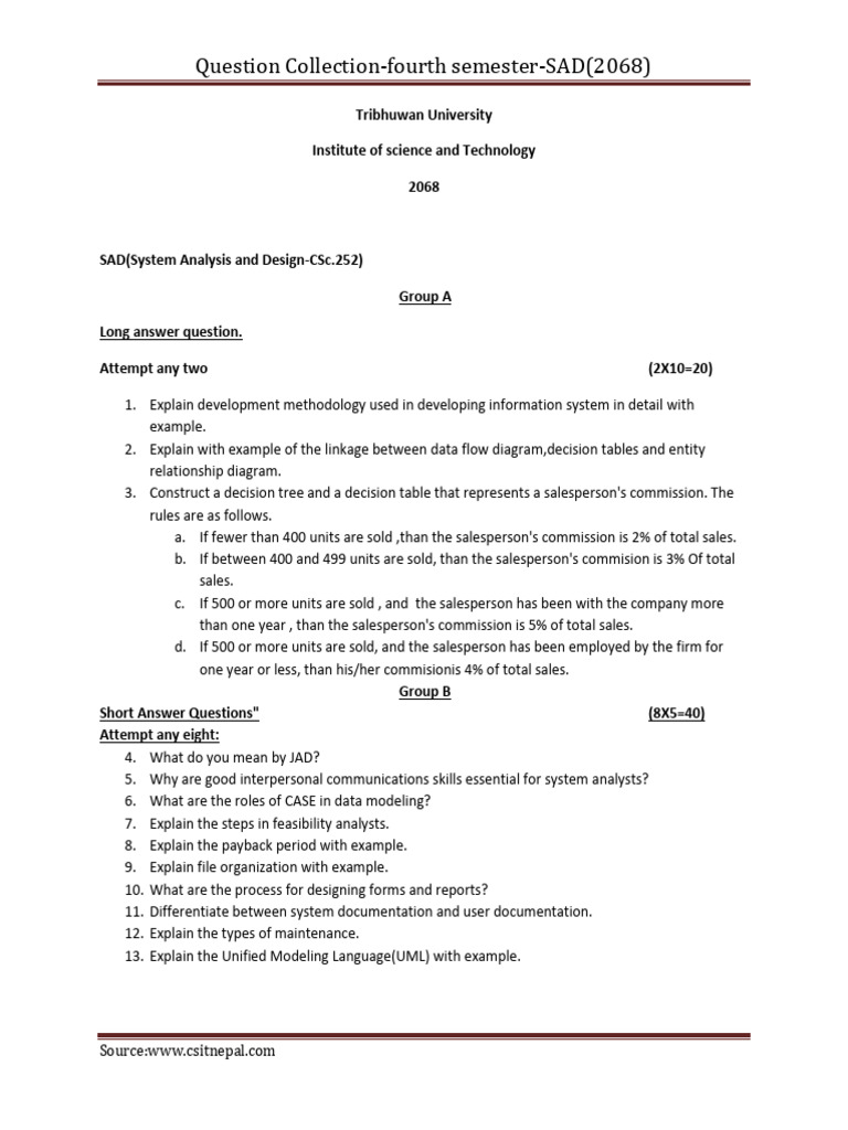 Fourth Semester SAD Question Collection | PDF | Unified Modeling ...