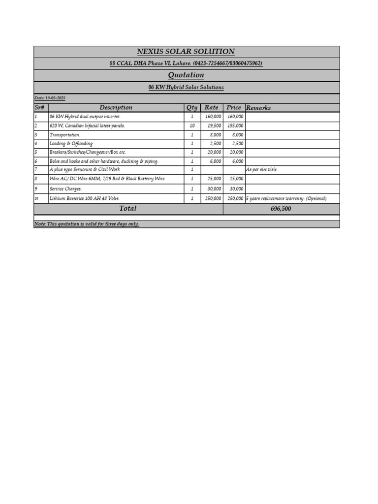 06 KW Hybrid Solar Quotation | PDF