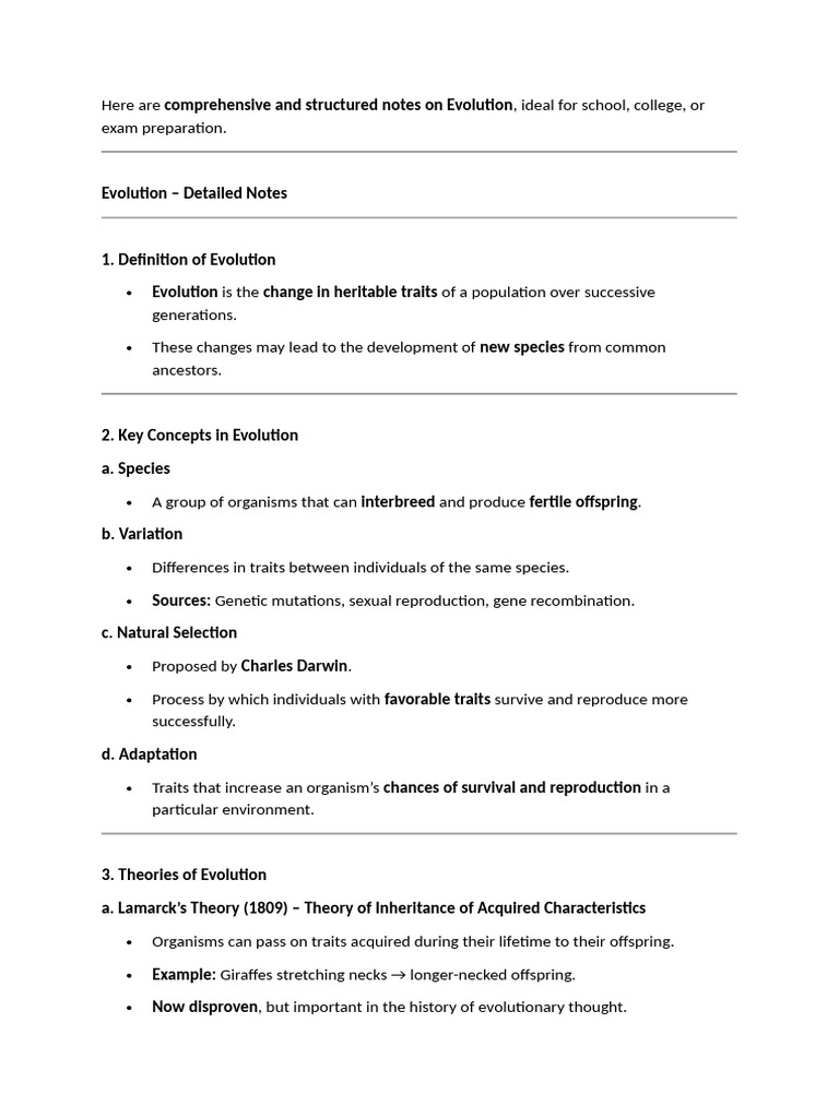 Comprehensive Evolution Study Notes | PDF | Evolution | Natural Selection