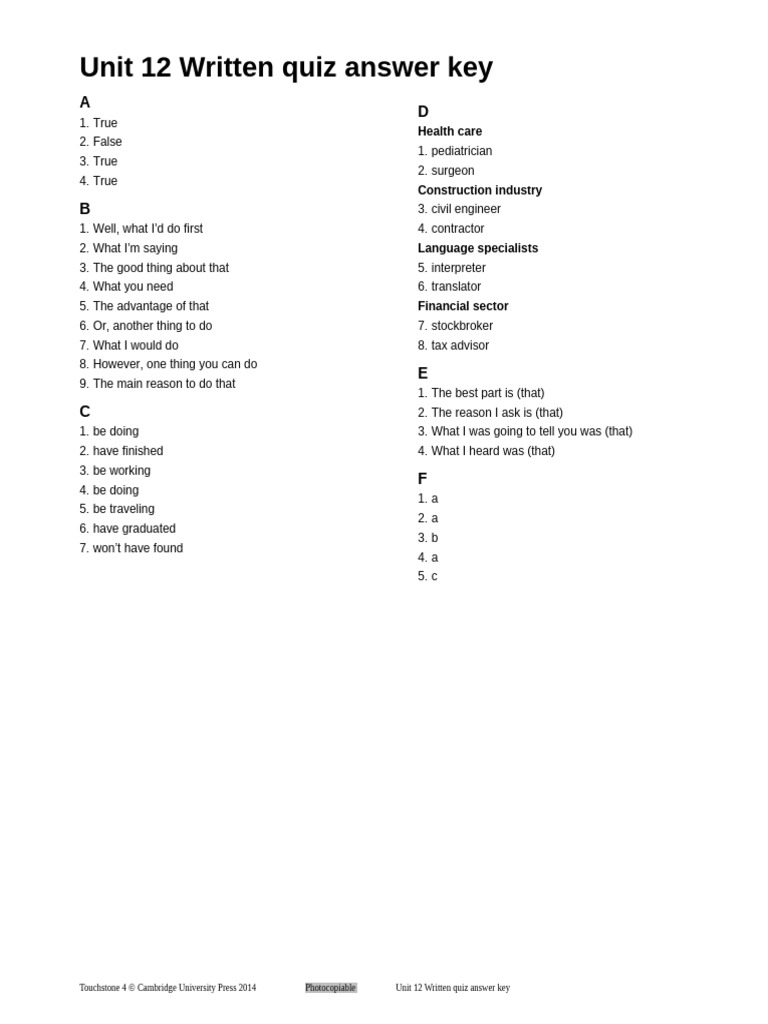 Unit 12 Written Quiz Answer Key: Health Care | PDF