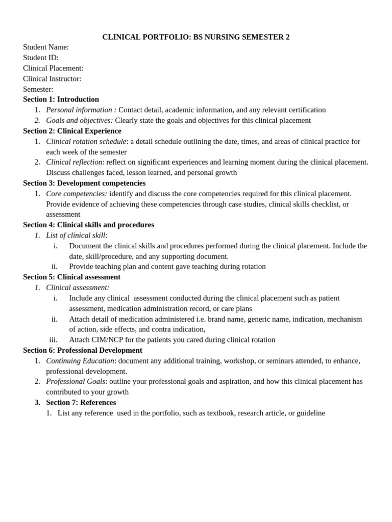 Clinical Portfolio for Nursing Semester 2 | PDF