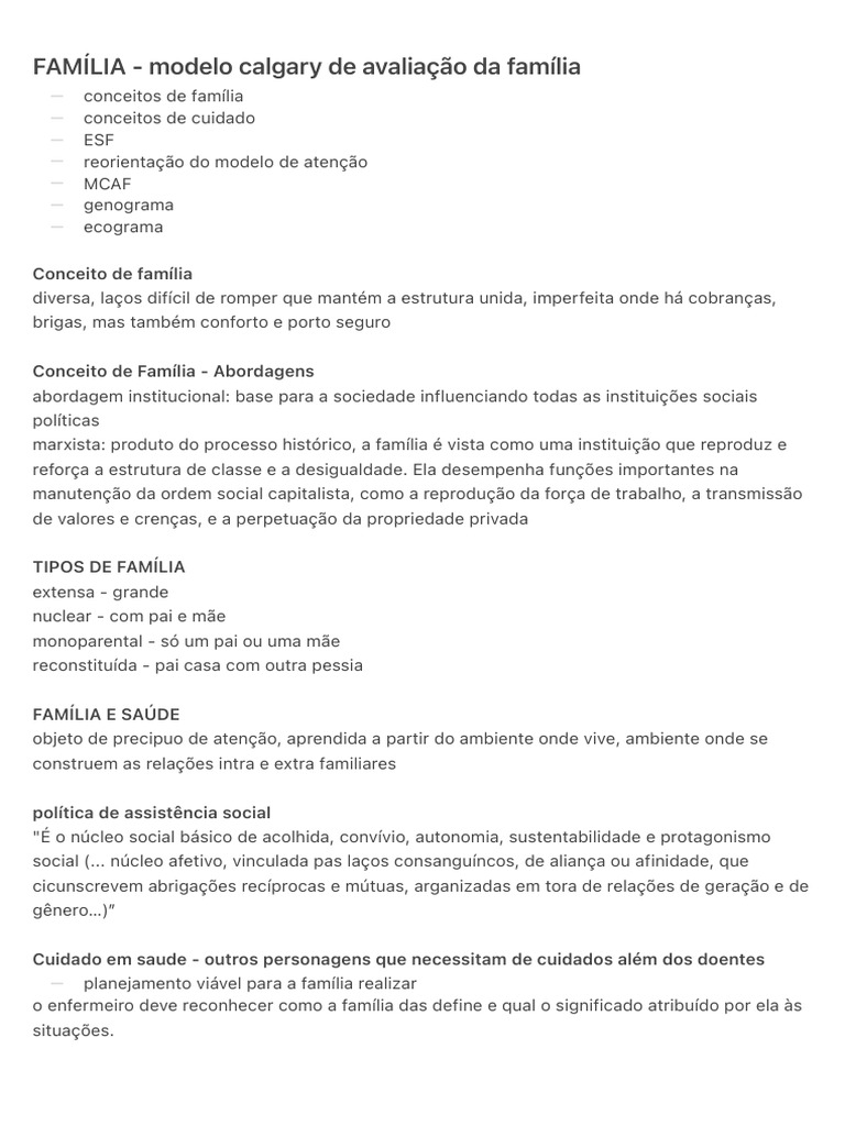 Avaliação da Família: Modelo Calgary e Cuidado | PDF | Família | Enfermagem