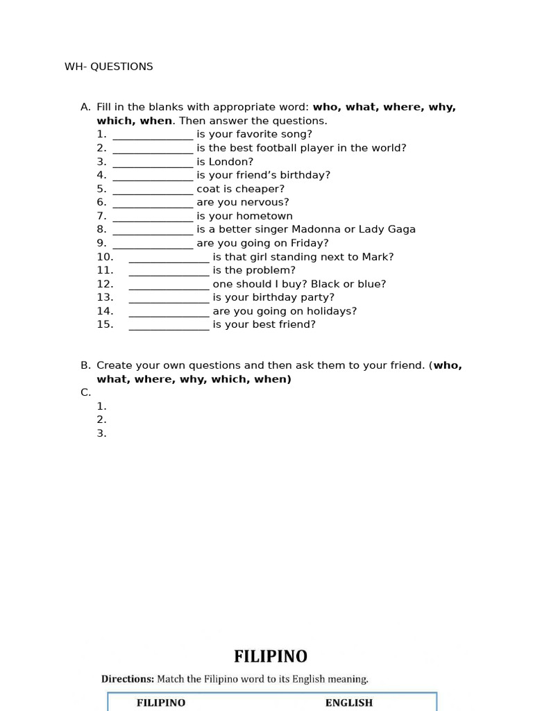 WH-Questions Practice Exercise | PDF