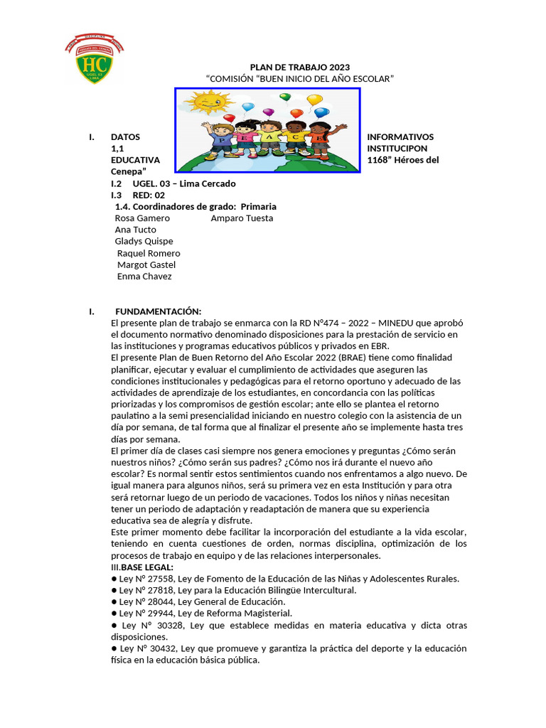 Plan de Trabajo 2023: Buen Inicio Escolar | PDF | Educación primaria ...
