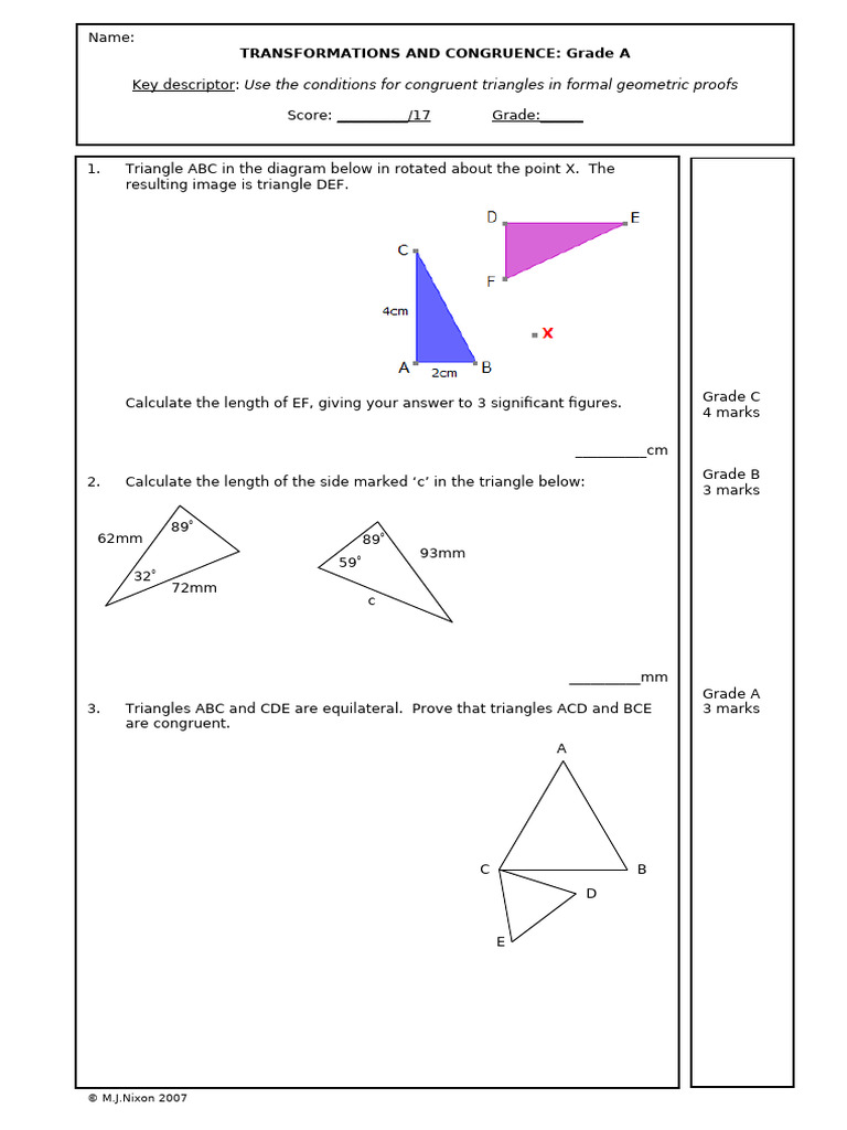 Transformations and Congruence Homework | PDF | Triangle | Euclidean ...