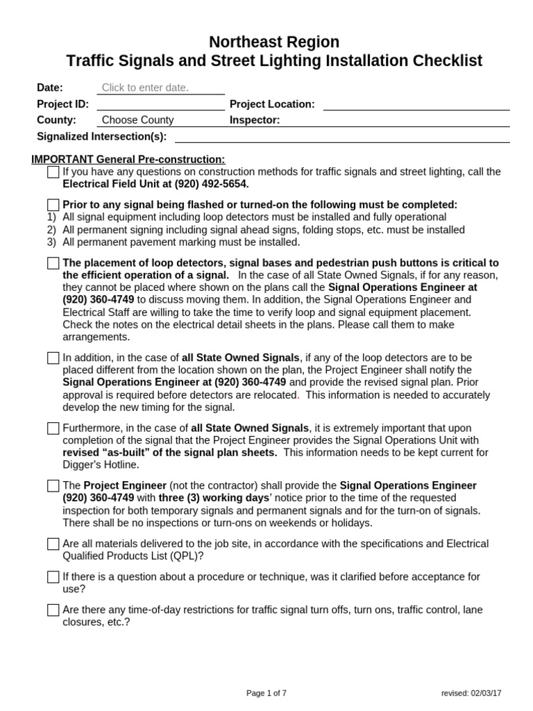 Traffic Signal & Lighting Installation Checklist | PDF | Electrical ...