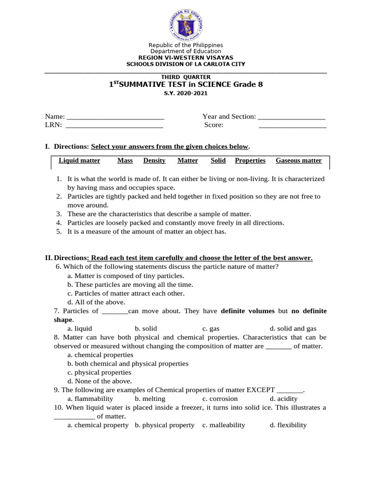 Grade 8 Science 1st Summative Test | PDF | Matter | Gases