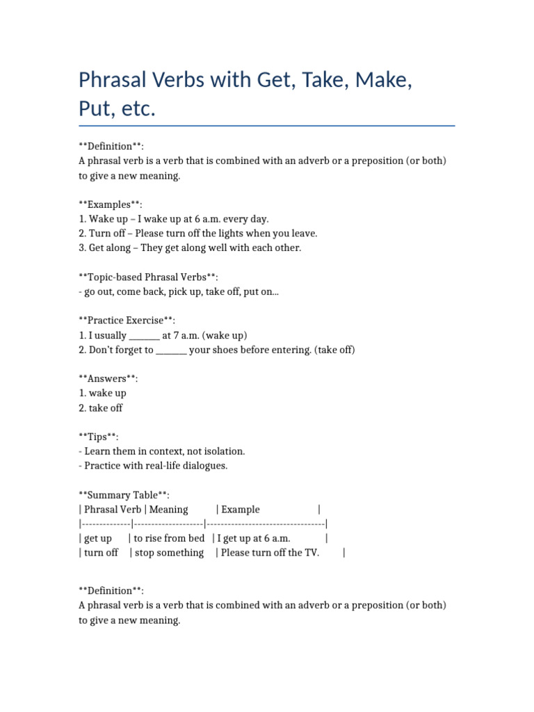 Phrasal Verbs With Get Take Make Put Etc. | PDF | Adverb | Verb