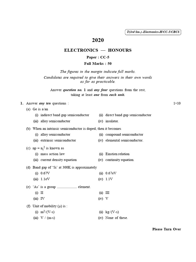 CU Electronics Hons 2020 Paper 2 Question Paper | PDF | Field Effect ...