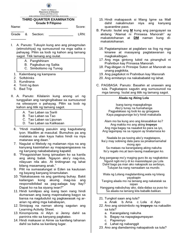 Third Quarter Examination FILIPINO9 | PDF
