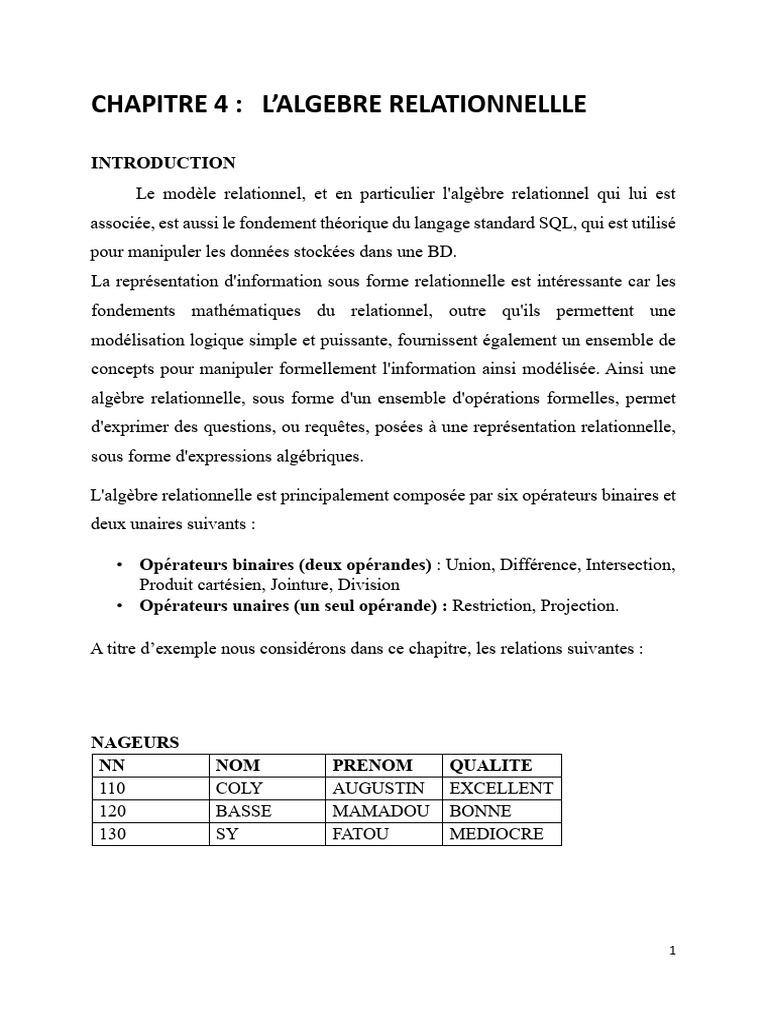 Algèbre relationnelle et opérateurs SQL | PDF | Base de données ...