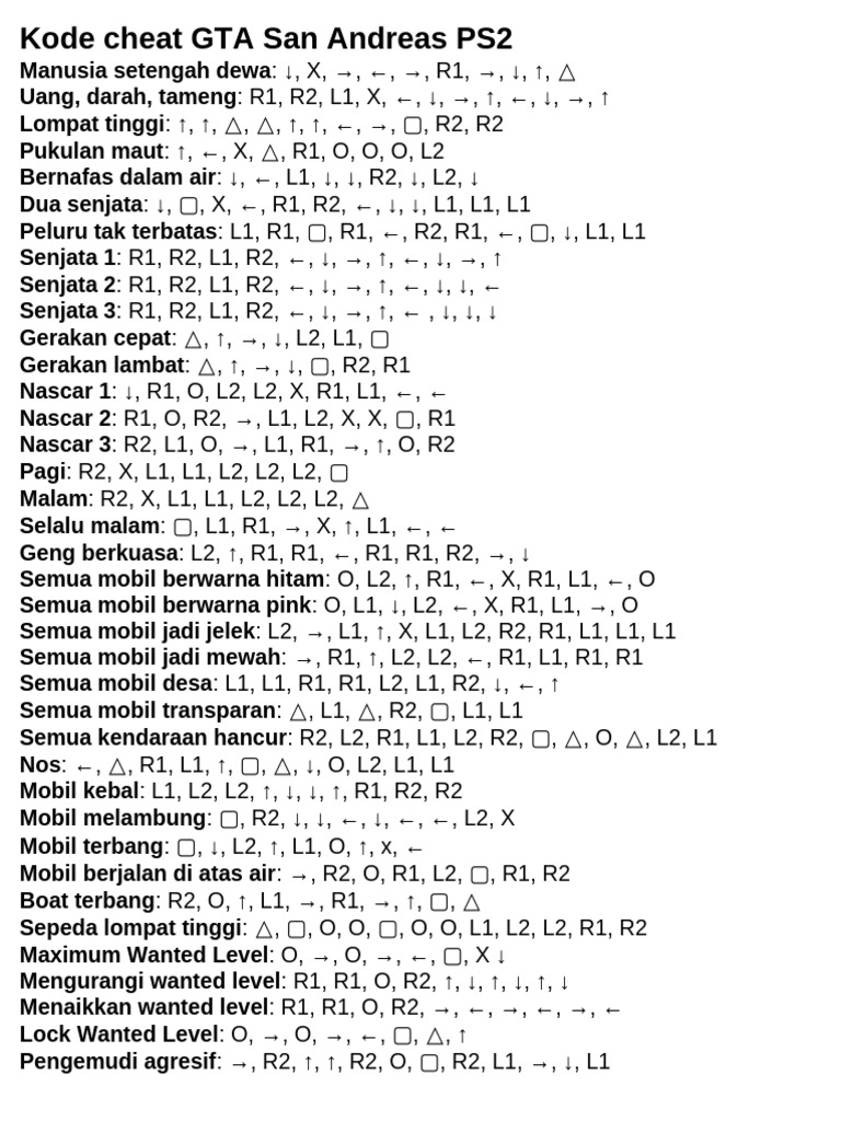 Cheat Kode GTA San Andreas PS2 | PDF | Aerospace Engineering | Aerospace