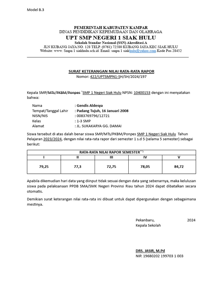 Surat Keterangan Rata-Rata Nilai SMP | PDF
