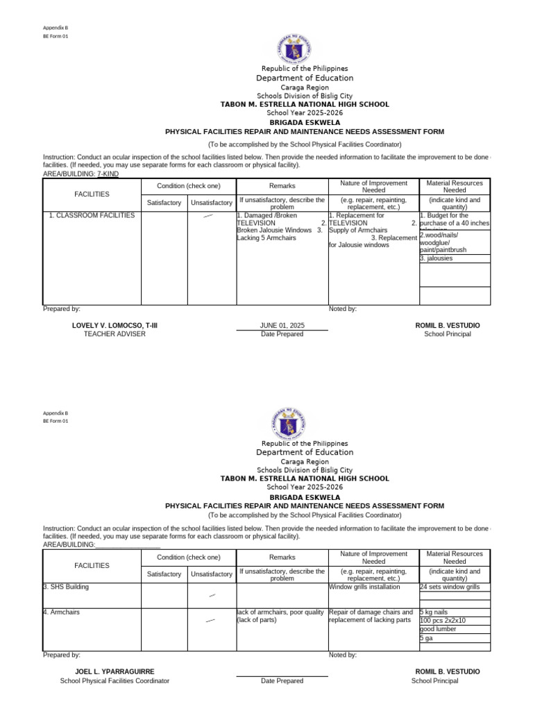 Brigada Eskwela 2025 Facilities Assessment | PDF