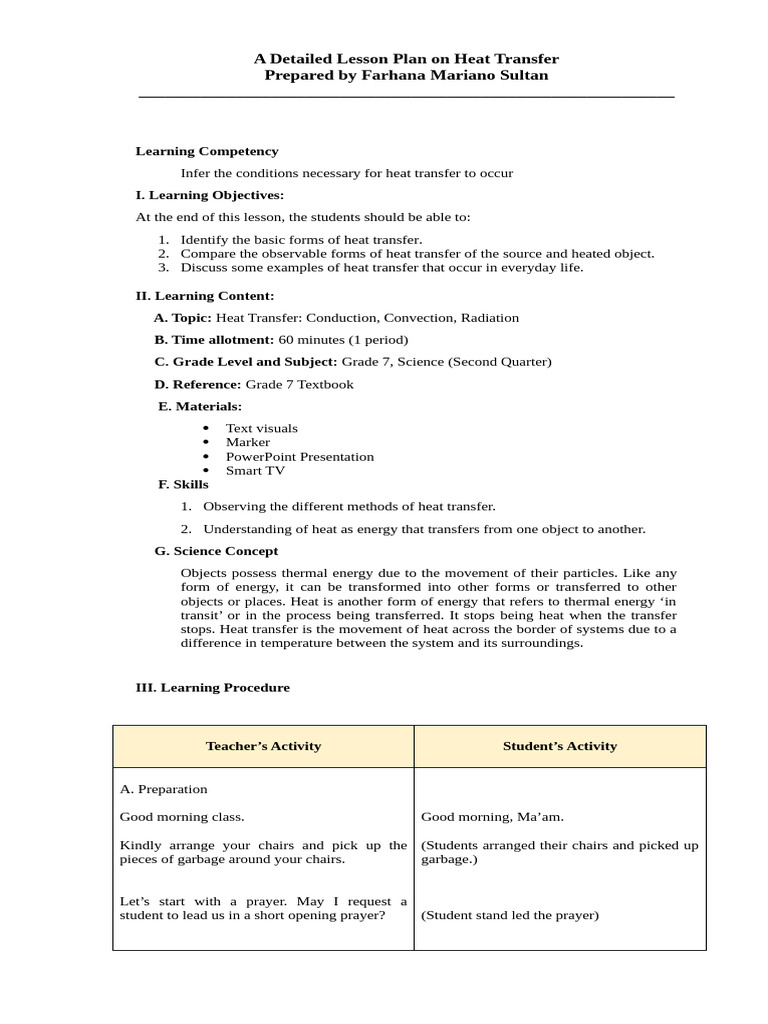 A Detailed Lesson Plan On Heat Transfer | PDF | Heat Transfer | Temperature