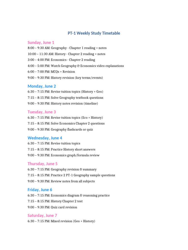 PT1 Weekly Timetable | PDF