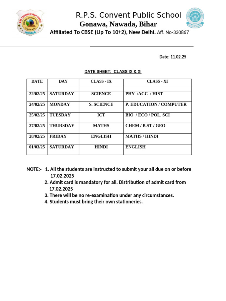 Class IX & XI Date Sheet 2025 | PDF