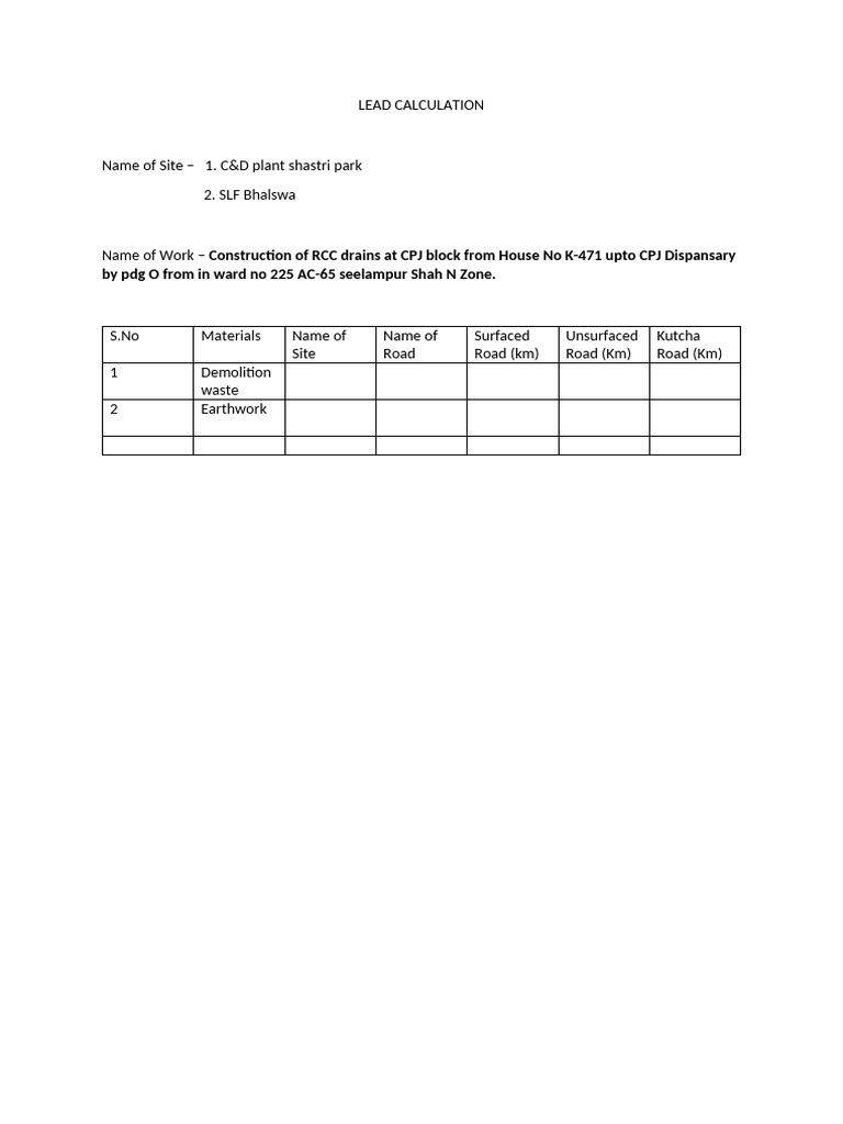 RCC Drain Construction Lead Calculation | PDF