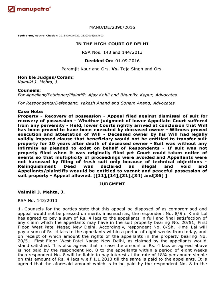 Delhi High Court Property Dispute Ruling | PDF | Will And Testament ...