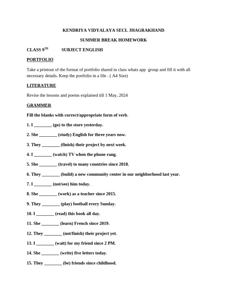 9th English Summer Vacation Homework Pdf
