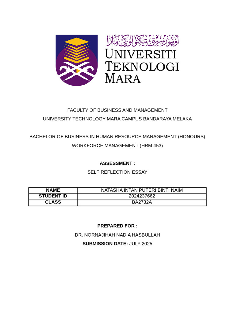Hrm453 Self Reflection Essay Pdf Human Resources Human Resource
