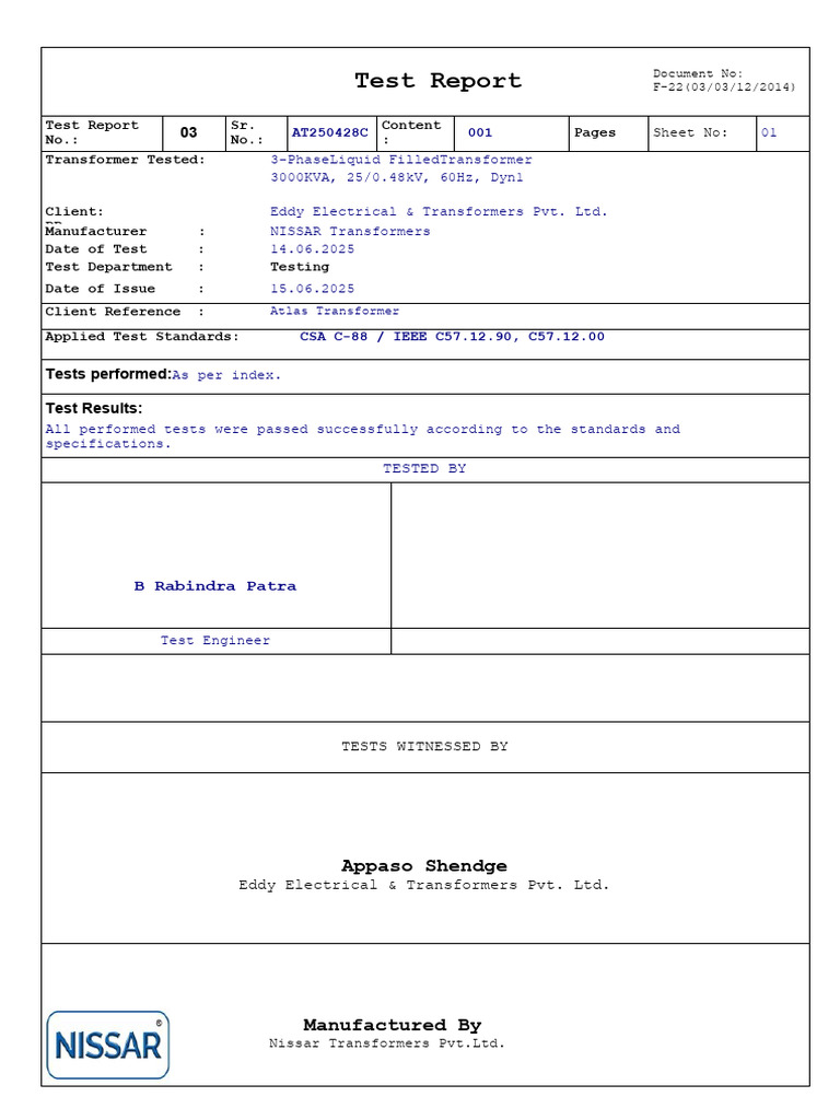 3MVA Routine Test Report 3 | PDF | Transformer | Insulator (Electricity)