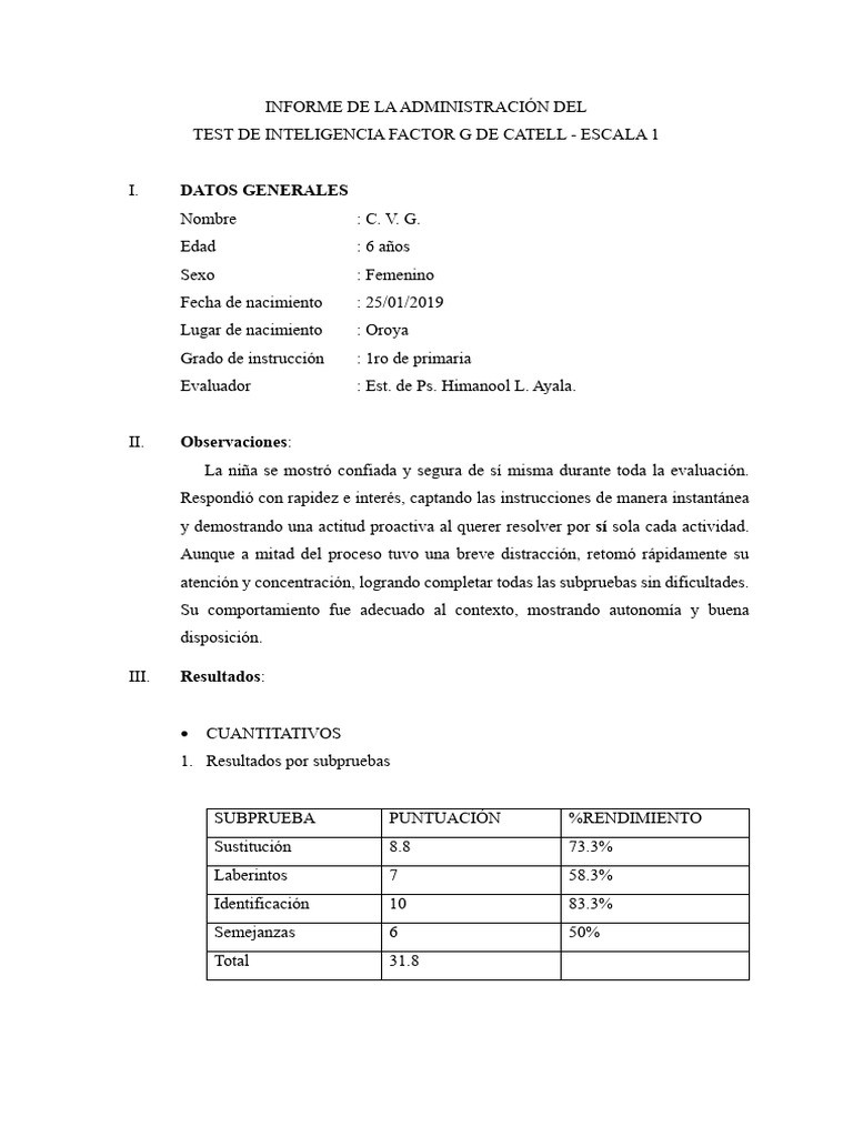 Informe de Test de Inteligencia G de Cattell | PDF | Cociente de ...