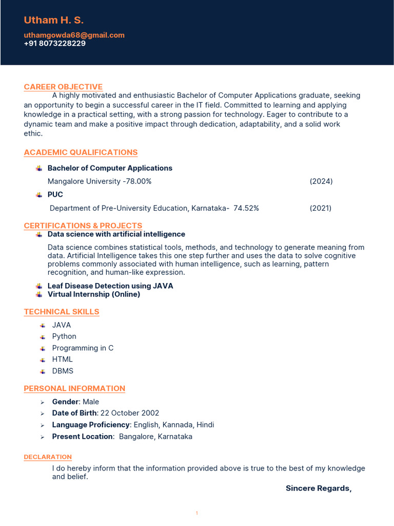 Utham H. S. - IT Career Objective | PDF