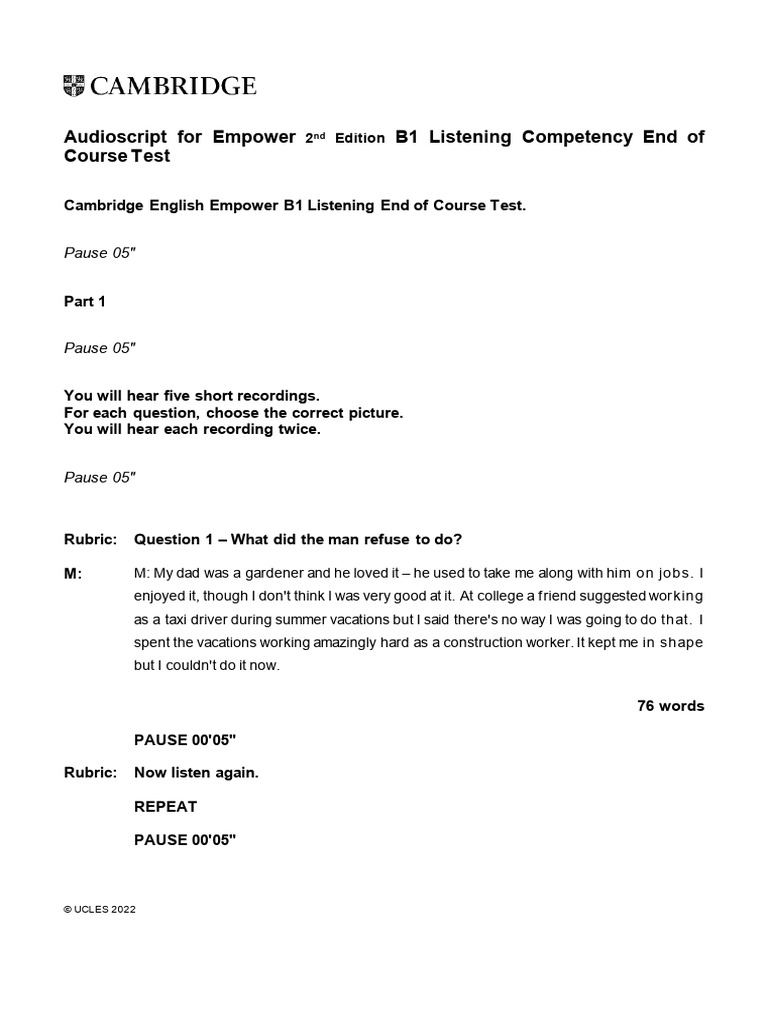 Empower B1 Listening Test Audioscript | PDF