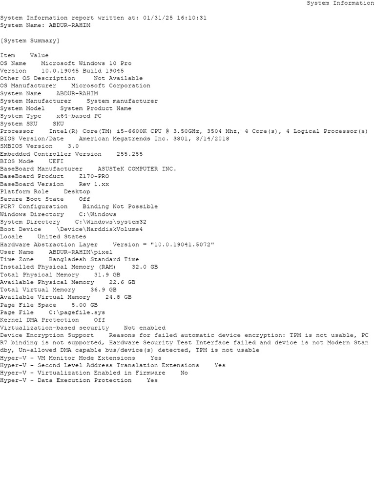 Windows 10 Pro System Information Report | PDF