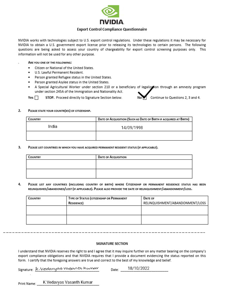 NVIDIA Export Control Compliance Form | PDF