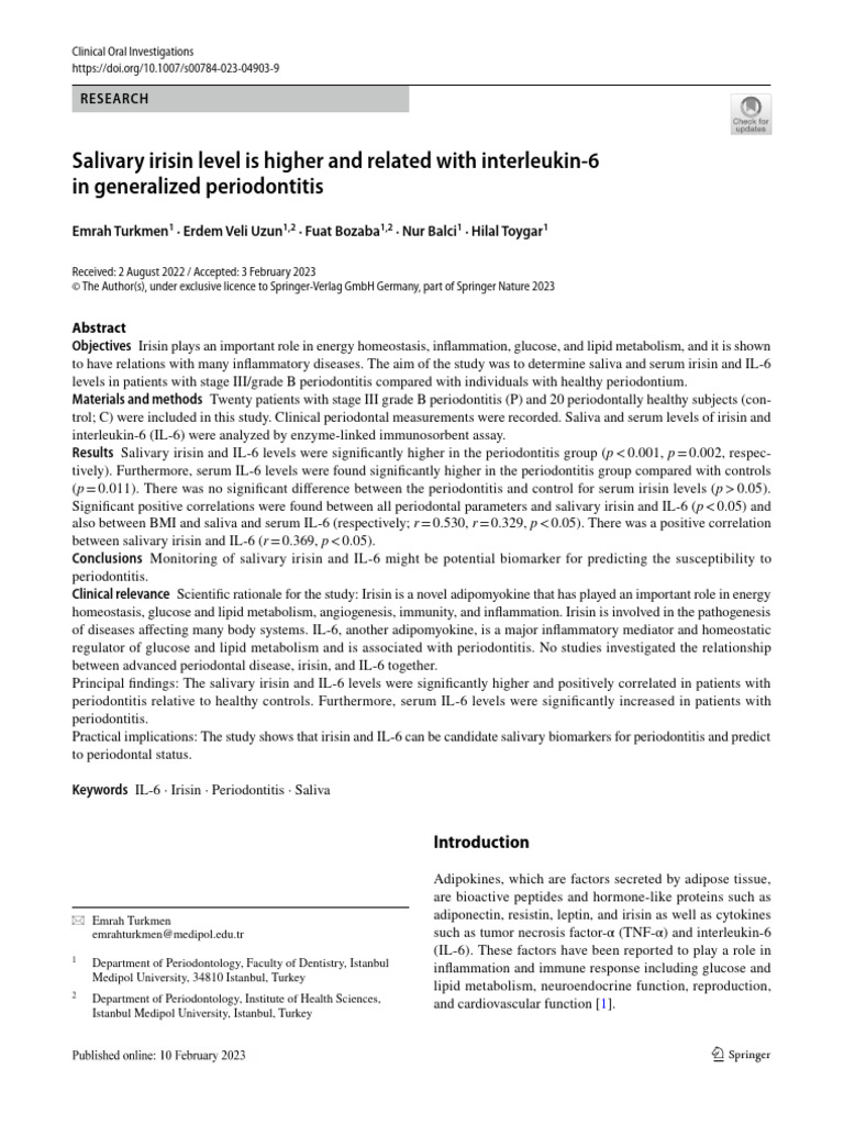 Salivary Irisin and IL-6 in Periodontitis | PDF | Interleukin 6 | Obesity
