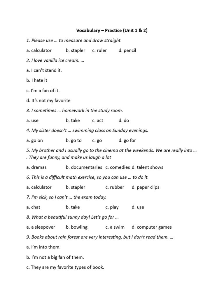 Vocabulary and Grammar Practice Units 1-2 | PDF | Chess Theory | Chess