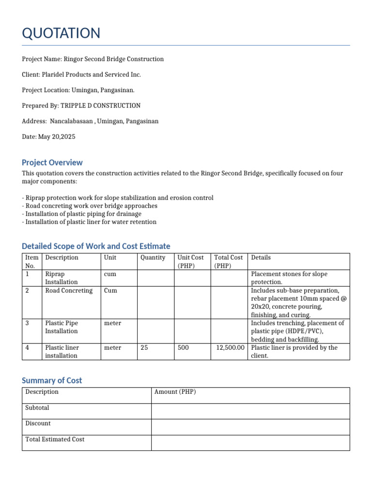 Ringor SecondBridge Quotation | PDF | Building Materials | Civil ...