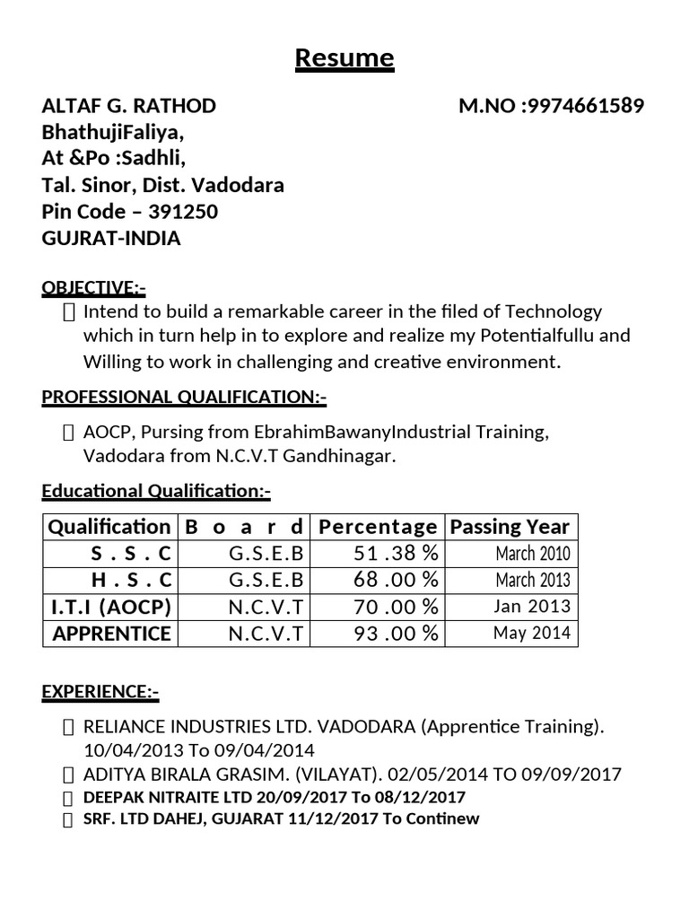 Altaf G. Rathod's Professional Resume | PDF