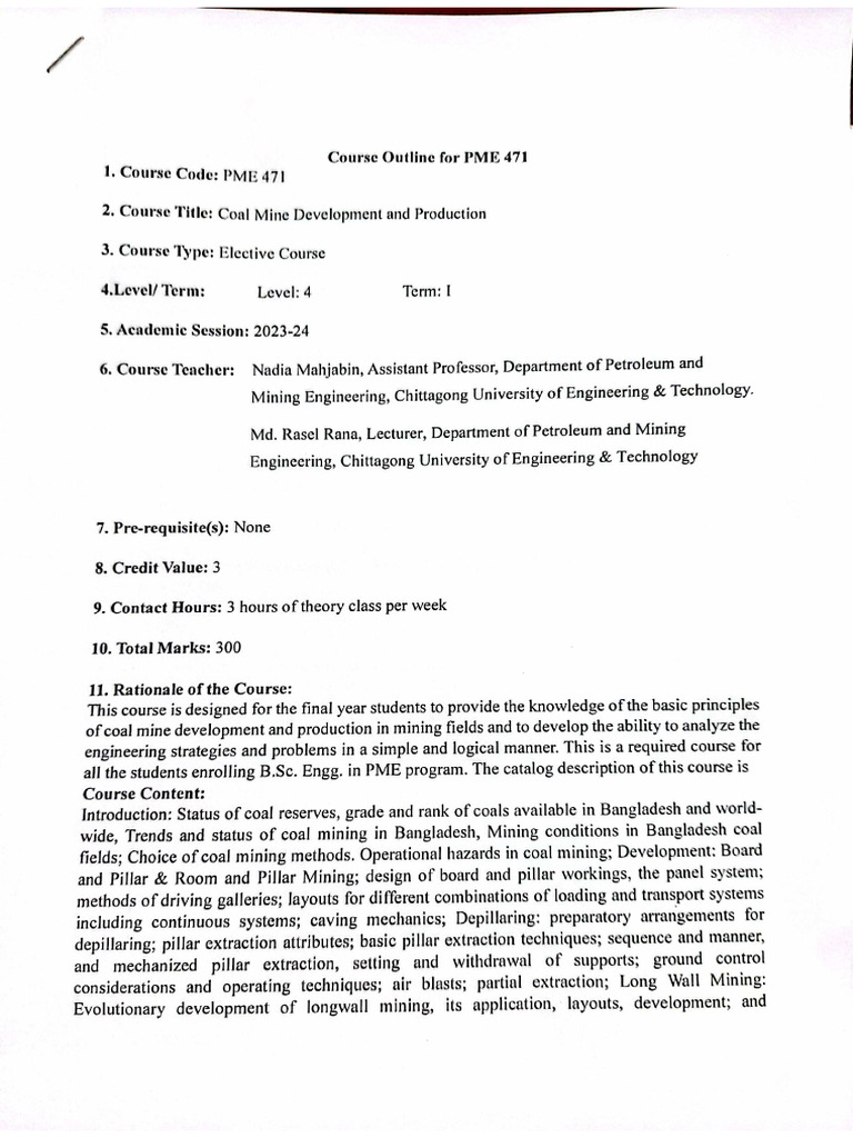 Coal Mine Development and Production Course Outline | PDF