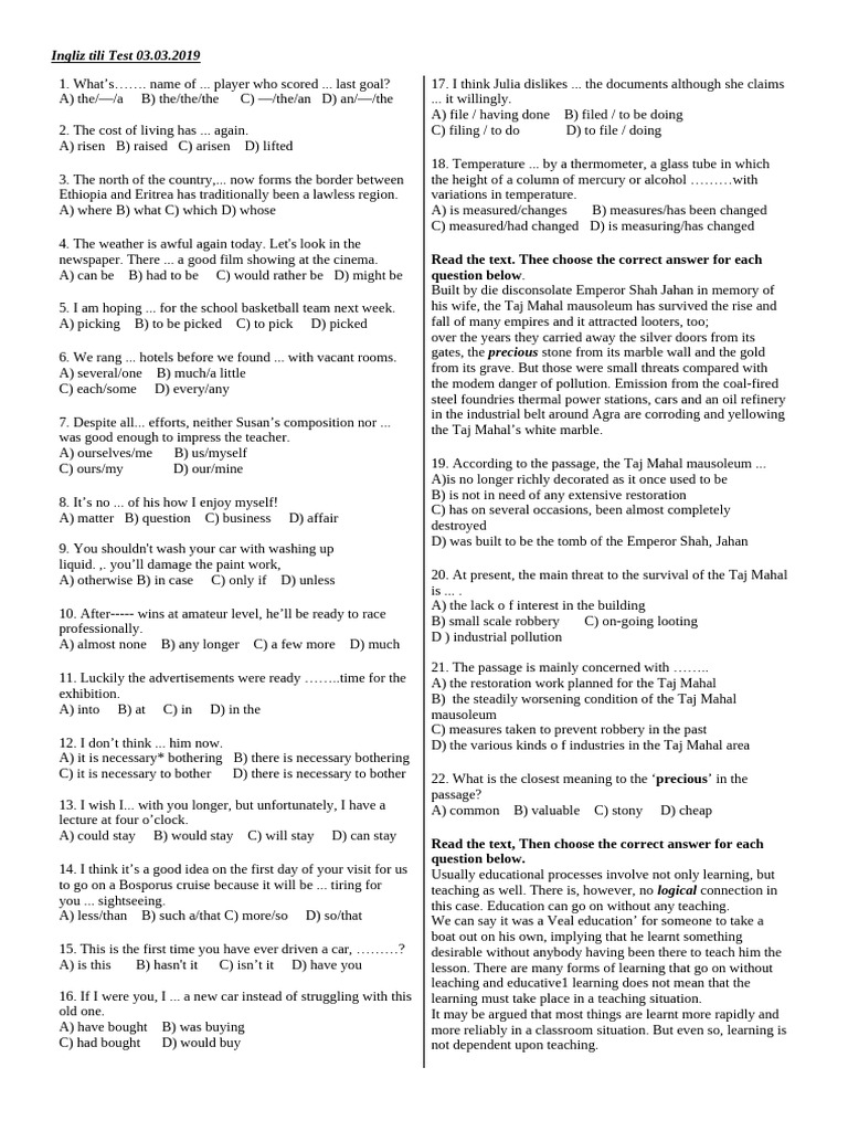 English Language Test Questions | PDF