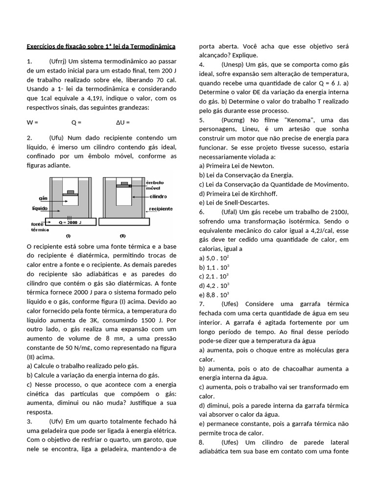 Exercícios sobre 1ª Lei da Termodinâmica | PDF | Termodinâmica | Calor