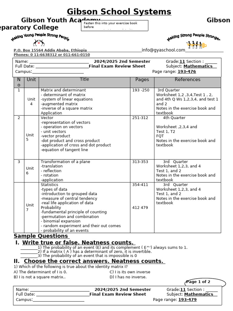 Grade 11 Math Final Exam Review | PDF | Matrix (Mathematics) | Determinant