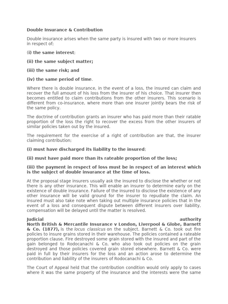 Understanding Double Insurance & Contribution | PDF | Insurance | Indemnity