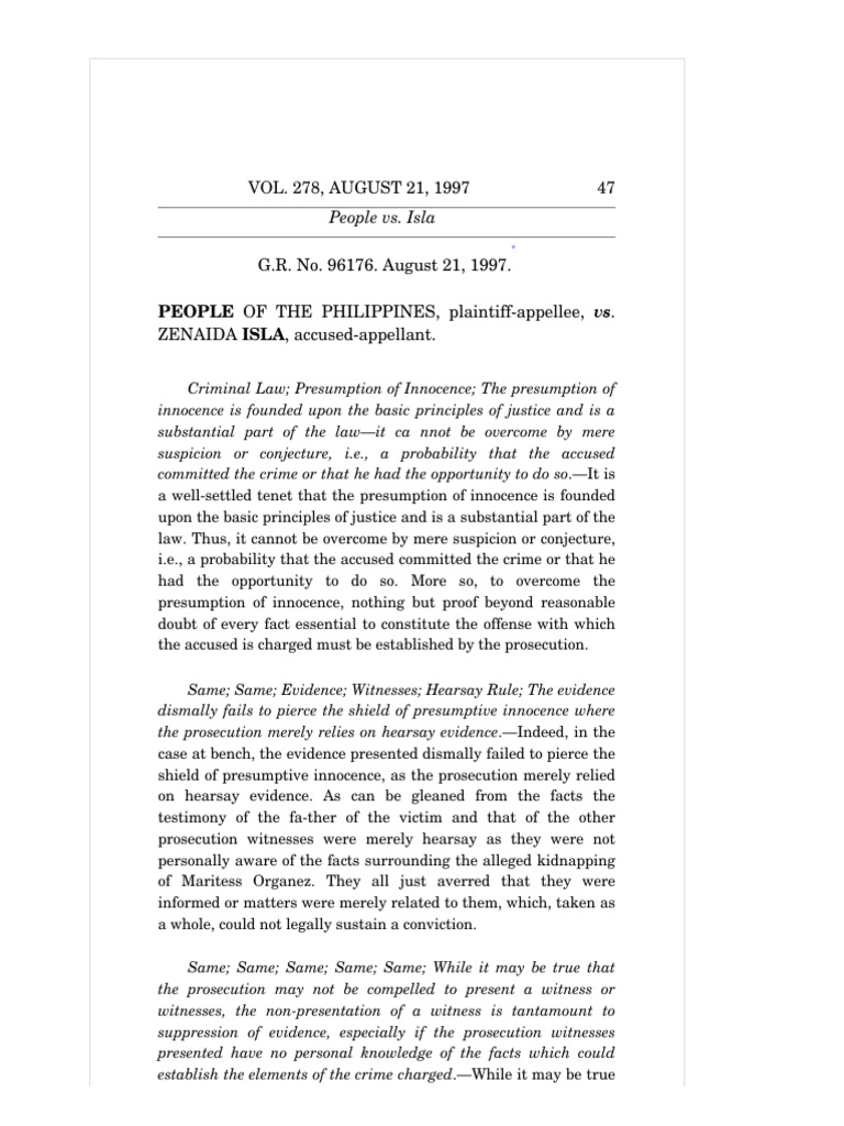 People vs. Isla: Presumption of Innocence | PDF | Witness | Presumption ...