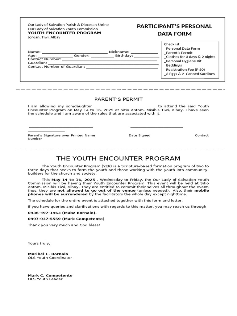 Youth Encounter Program Registration Form | PDF