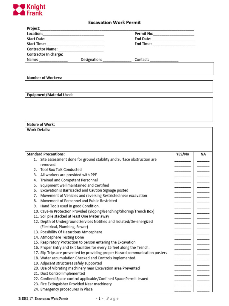 Excavation Work Permit Template | PDF | Occupational Safety And Health ...