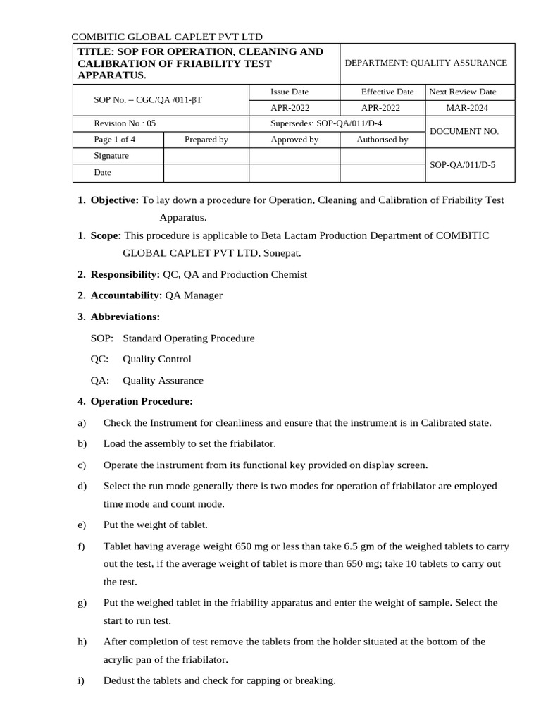 SOP for Friability Test Calibration | PDF