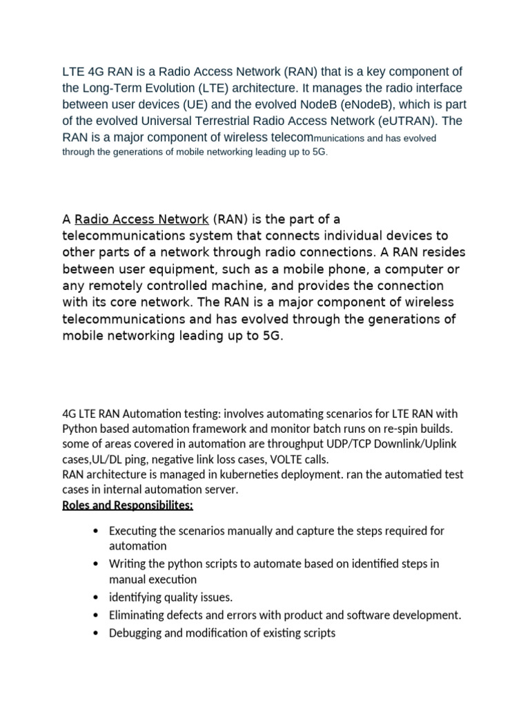 LTE 4G RAN Automation Testing Overview | PDF