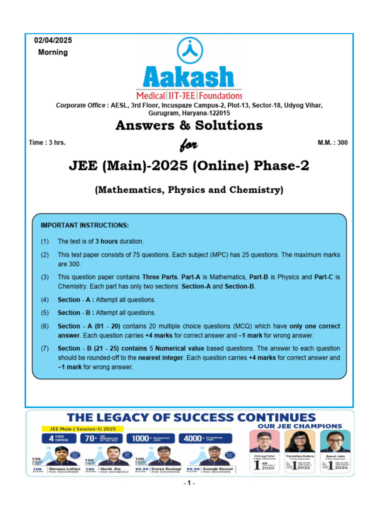 JEE Main 2025 Phase-2 Solutions | PDF | Matrix (Mathematics) | Multiple ...