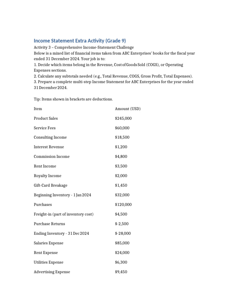 Grade 9 Income Statement Activity | PDF | Income Statement | Expense