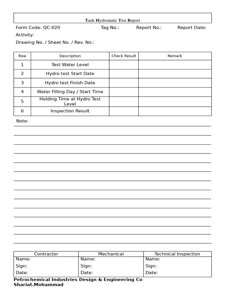 Hydrostatic Test Report Summary | PDF