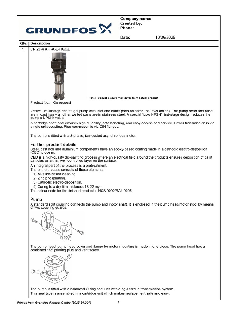 Grundfos CR 20-4 K-F-A-E-HQQE Pump Specs | PDF | Pump | Electric Motor